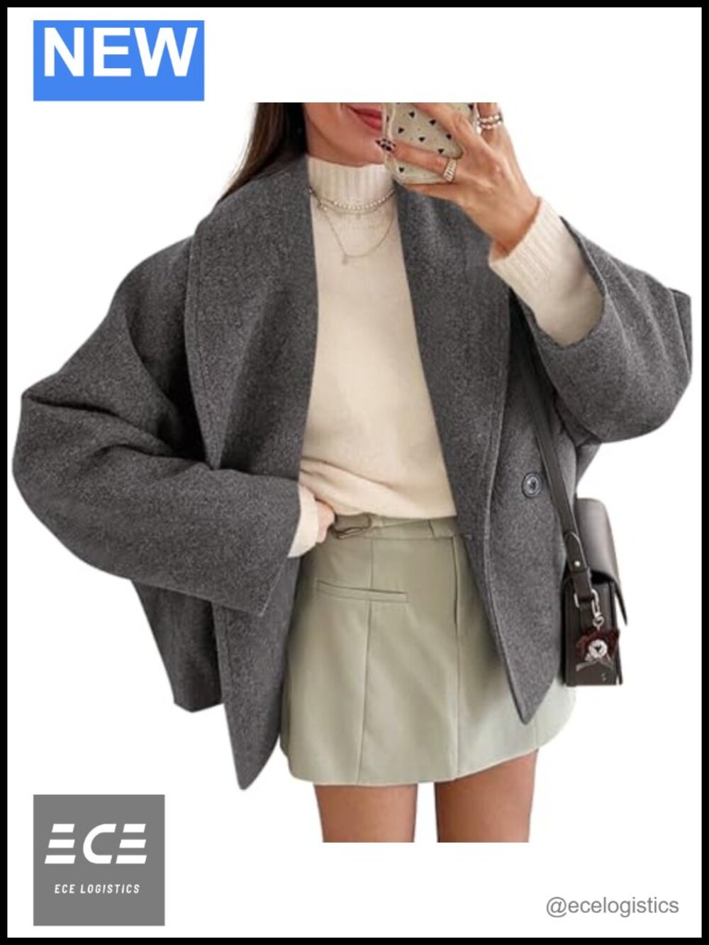 Oversized Cropped Wool Blend Pea Coat Double Breasted Women's Winter Jacket